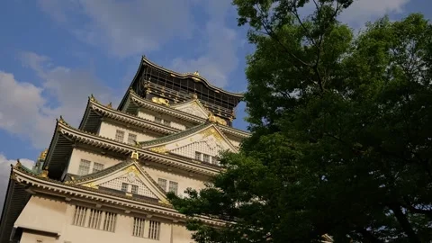 Stabilized Shot of Osaka Castle and Garden During Golden Hour Stock Footage 314085185