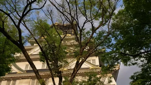 Stabilized Shot of Osaka Castle and Garden During Golden Hour Stock Footage 314085200