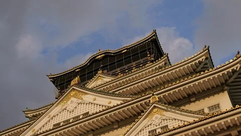Stabilized Shot of Osaka Castle and Garden During Golden Hour Stock Footage 314085218