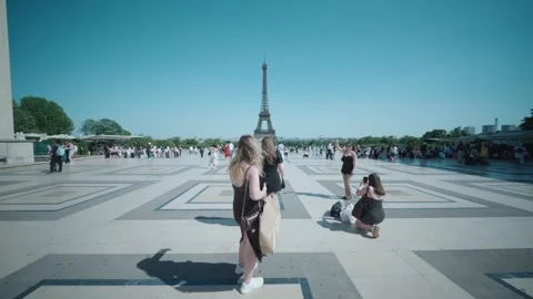 Stabilized slow motion tracking shot moving toward the Eiffel Tower from the Stock Footage 346810593