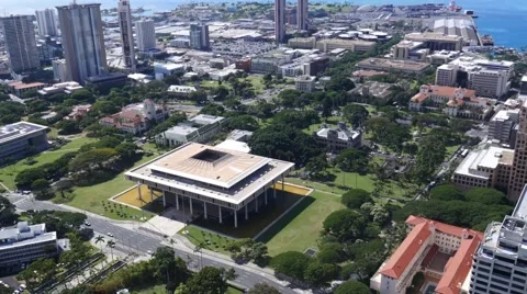 Stabilized, state capitol; downtown; honolulu; oahu; hawaii; aerial Stock Footage 45839462