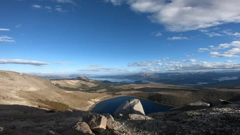 Stabilized still camera at Batea Mahuida volcano crater with lagoon. Stockbeeldmateriaal 91591468