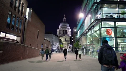 Stabilized Walking Towards St Paul's Cathedral at Night in London, UK Stock Footage 112194360