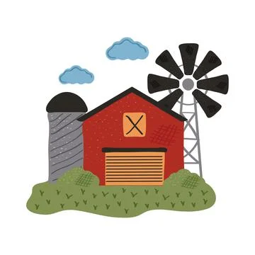 Stable farm building and windmill Ilustración de archivo