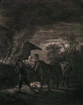 A stable on fire at night: a man leads two horses past a lamenting couple a.. Stock Illustration