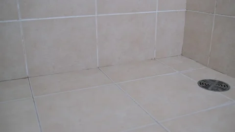 Stable pan shot from left to right of cleaned floor and wall of bathroom Video stock 158318769