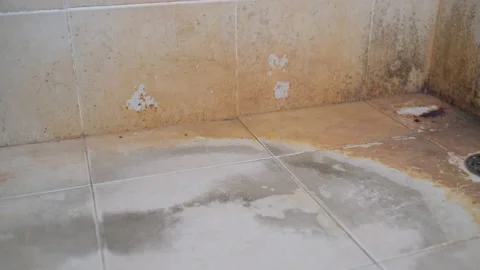 Stable pan shot from left to right of unclean floor and wall of bathroom Stock Footage 158322107