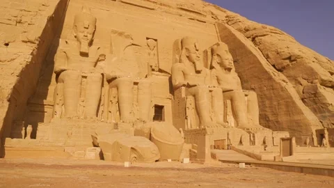 Stable panning shot with gimbal of the temple of Abu Simbel Stock Footage 142156891