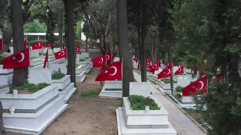 Stable shot of a Cemetery with Turkish Flags Waving Stock Footage 208633032