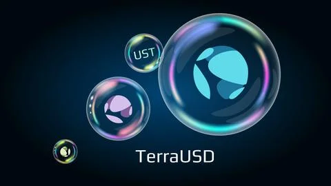 Stablecoin TerraUSD UST token symbol in soap bubble. Cryptocurrency price falls Stock Illustration