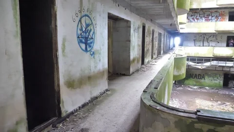 Stablized Gimbal Shot Walking Inside Abandonded Building Old Hotel Stock Footage 89388935
