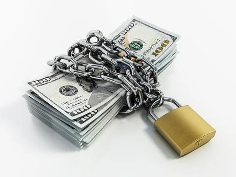 Stack of 100 Dollar bills chained and secured with a padlock. 3D illustration Stock Illustration