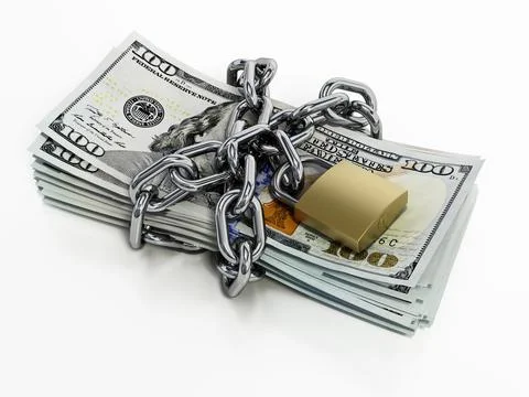 Stack of 100 Dollar bills chained and secured with a padlock. 3D illustration イラスト素材