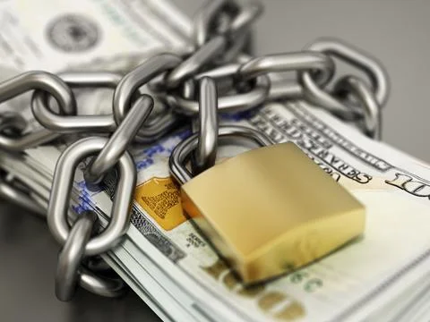 Stack of 100 Dollar bills chained and secured with a padlock. 3D illustration Stock Illustration