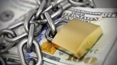 Stack of 100 Dollar bills chained and secured with a padlock. 3D illustration Illustrazione stock