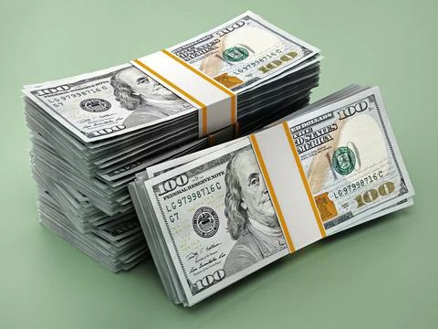 Stack of 100 dollar bills on green background. 3D illustration Stock Illustration