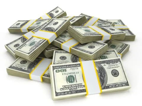Stack of 100 dollar bills isolated on white background. 3D illustration Illustrazione stock