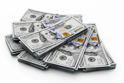Stack of 100 dollar bills isolated on white background. 3D illustration St... Foto stock
