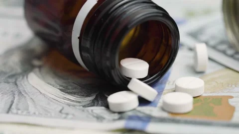 Stack of 100 dollar bills with medicine bottle and pills. Stock Footage 167019058