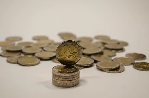 Stack of 2 euro coins close up Stock Photos