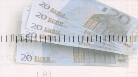 Stack of 20-euro banknotes holding center while zigzag line appearing on ticks, Stock Footage 328656673