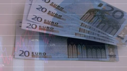Stack 20€ notes shifting into bill as scan lines initiating finance charts Stock Footage 331214526