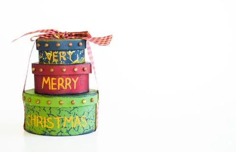 Stack of 3 Christmas gift boxes isolated on white Stock Photos