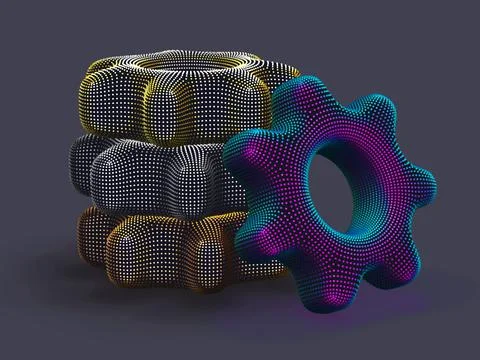 Stack of 3D digital multicolored gears on gray background. Illustrazione stock