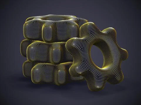 Stack of 3D gears made of yellow dots on gray background. Illustrazione stock