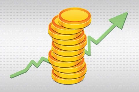 Stack of 3D illustrated Golden Coins with Graph going up Stockfoto's