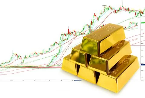 Stack 6 gold bullion at trading and chart background Stock Photos