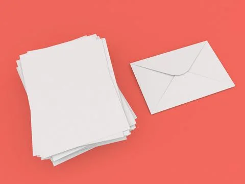 Stack of A4 paper and envelope on red background. Stock Illustration