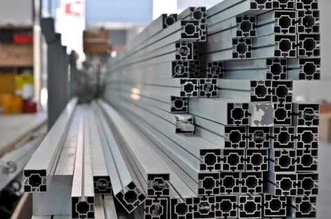 A stack of aluminum structural profiles Stock Photos