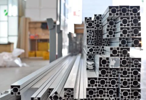 A stack of aluminum structural profiles Stock Photos