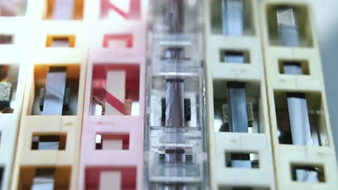 Stack of analogue magnetic audio tape, group of colorful cassettes Video stock 130881970