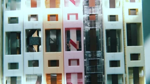 Stack of analogue magnetic audio tape, group of colorful cassettes Video stock 130882062