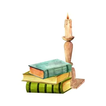 A stack of antique old books green and brown, reading, marble candlestick and Stock Illustration