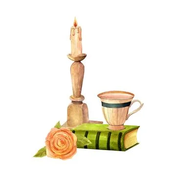 A stack of antique old books green and brown, reading, marble candlestick a.. Stock-Illustration