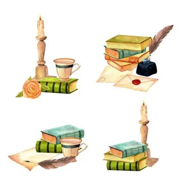 A stack of antique old books, for reading, rise, ink, teacup and old postal e Stock Illustration