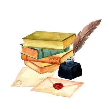 A stack of antique old books, for reading poetry and prose, and old postal en Stock Illustration