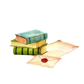 A stack of antique old books, for reading poetry and prose, and old postal en Stock Illustration