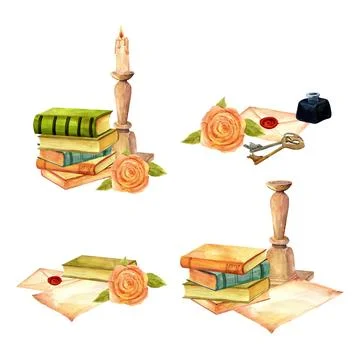 A stack of antique old books, for reading, rise, ink, teacup and old postal.. Illustrazione stock