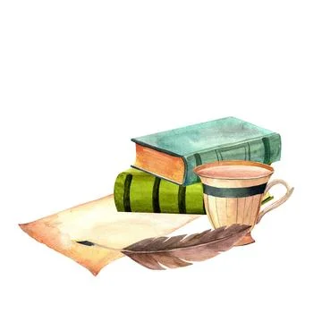 A stack of antique old books, writing supplies, ink pen, letter or poetry pap Stock Illustration