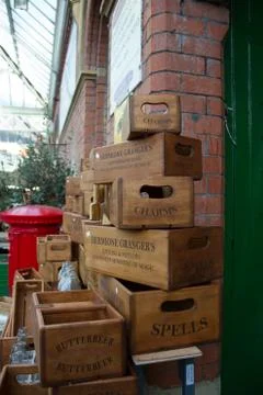 Stack of antique wooden boxes at the atmospheric Tynemouth Market Stock Photos