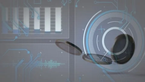 Stack appearing and separating, coins spinning downward across static HUD, Stock Footage 329454697