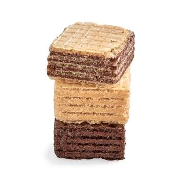Stack of assorted square wafer biscuits isolated on white backdrop. Stock Photos