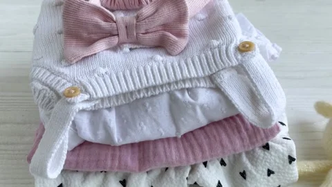 Stack of baby clothes, pink headband and knitted toy bunny. Stock Footage 275222016