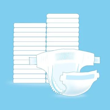 Stack of baby diapers and the open diaper Stock Illustration