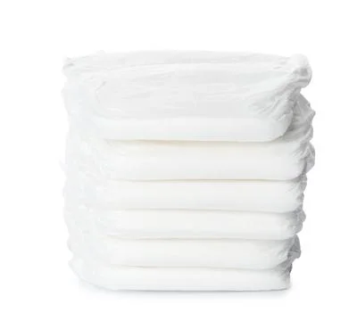 Stack of baby diapers isolated on white 스톡 사진