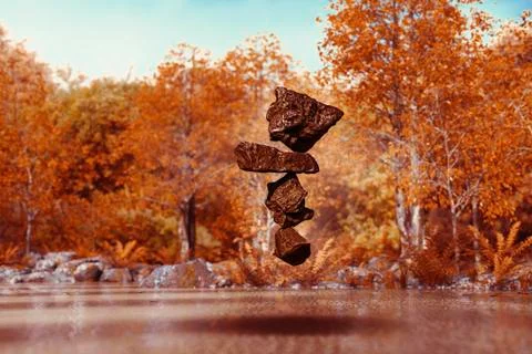 Stack of balancing rocks hovering mid-air in autumn Illustrazione stock